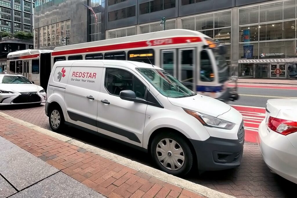A Red Star grip van makes a delivery to Market St in Philadelphia
